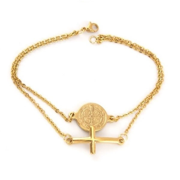 GOLD CROSS AND COIN BRACELET