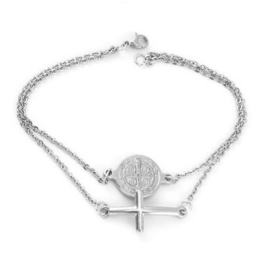 SILVER CROSS AND COIN BRACELET